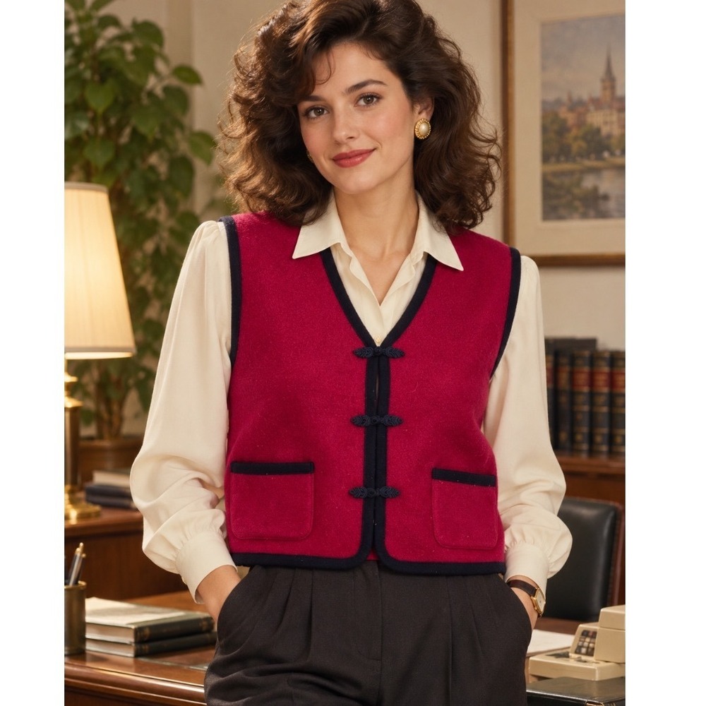 VTG Herman Geist wool vest woman Sz M red Black Asian Waistcoat dark academia